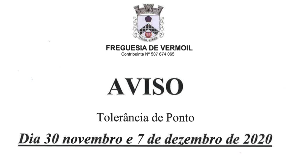 Aviso – tolerância de ponto nos dias 30 de novembro e 07 de dezembro